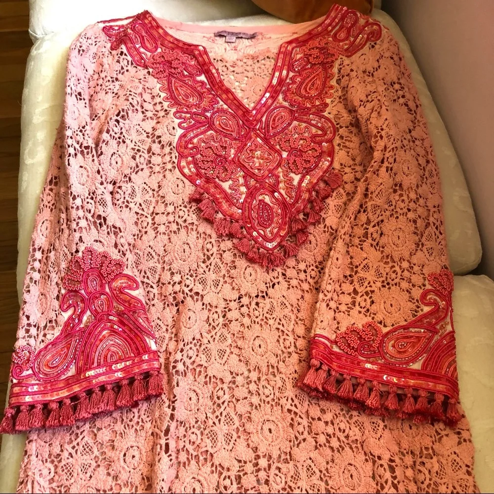 Calypso St. Barth’s tunic dress, peach/coral embroidered sequin & tassels S